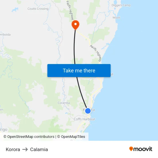 Korora to Calamia map