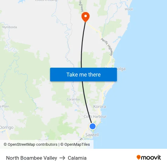North Boambee Valley to Calamia map