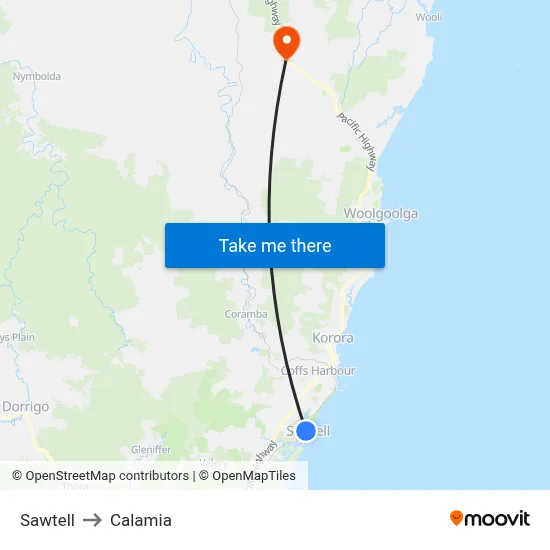 Sawtell to Calamia map