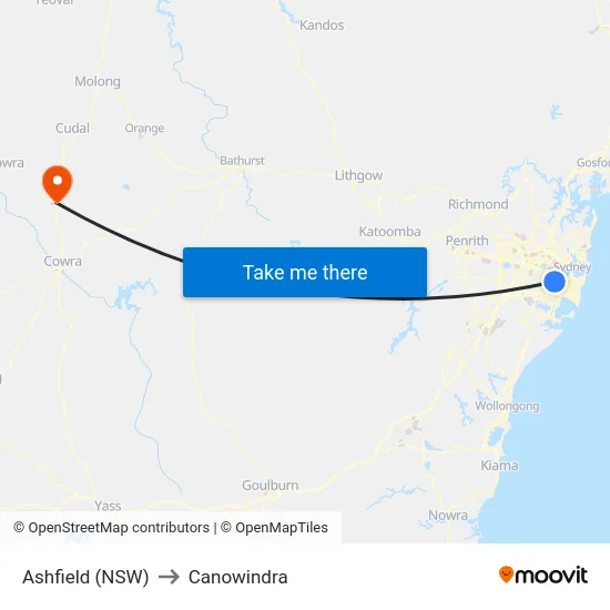 Ashfield (NSW) to Canowindra map