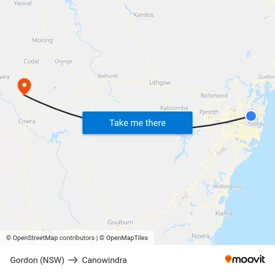 Gordon (NSW) to Canowindra map