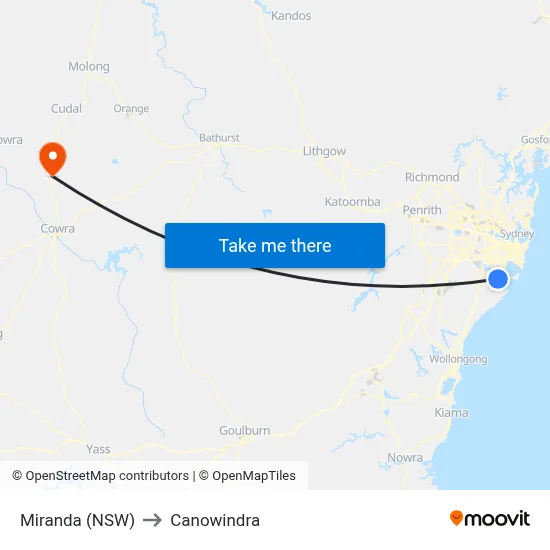 Miranda (NSW) to Canowindra map