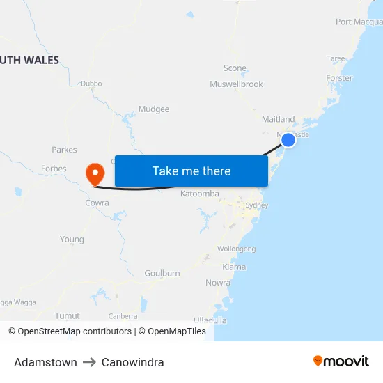 Adamstown to Canowindra map