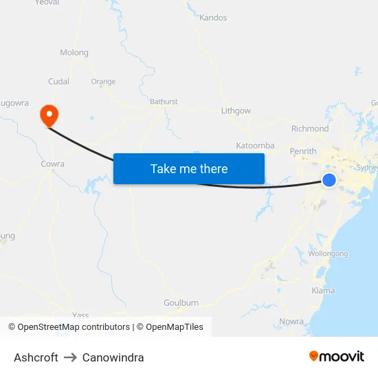Ashcroft to Canowindra map