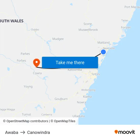 Awaba to Canowindra map