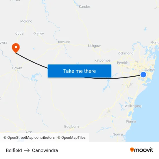 Belfield to Canowindra map