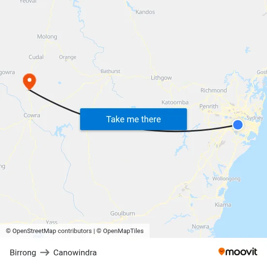 Birrong to Canowindra map