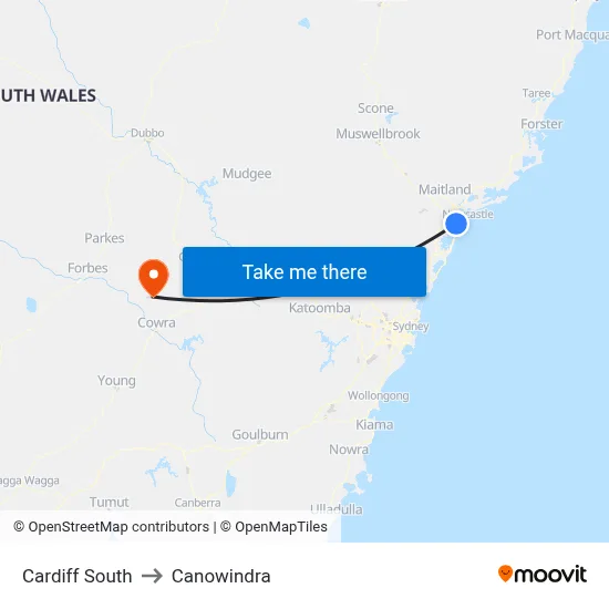 Cardiff South to Canowindra map