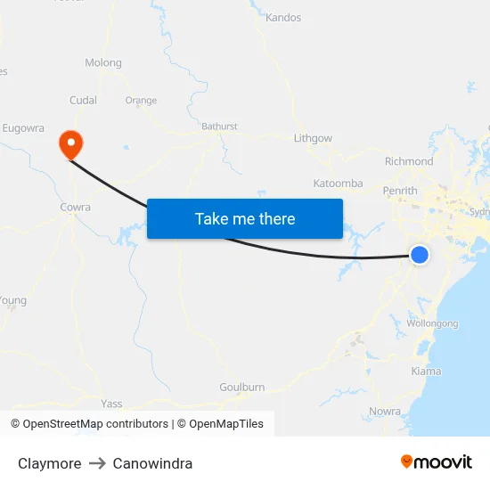 Claymore to Canowindra map