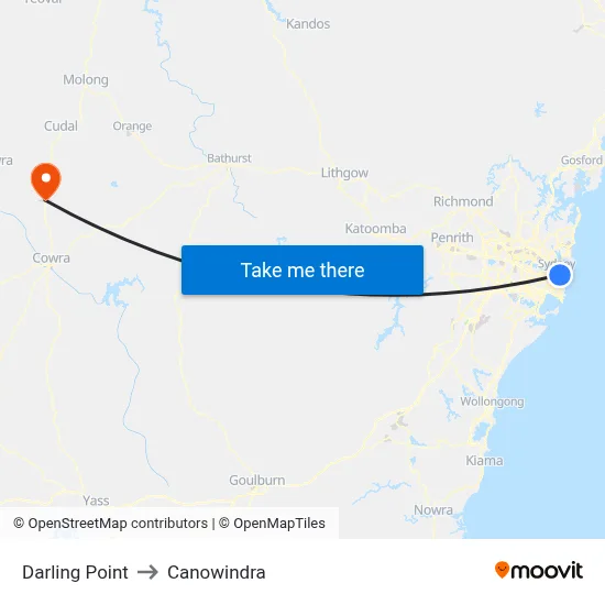 Darling Point to Canowindra map