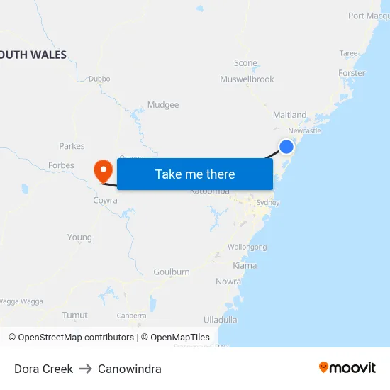 Dora Creek to Canowindra map