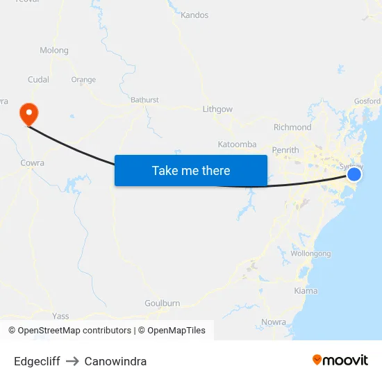 Edgecliff to Canowindra map
