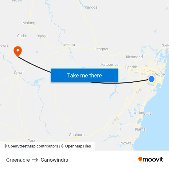 Greenacre to Canowindra map
