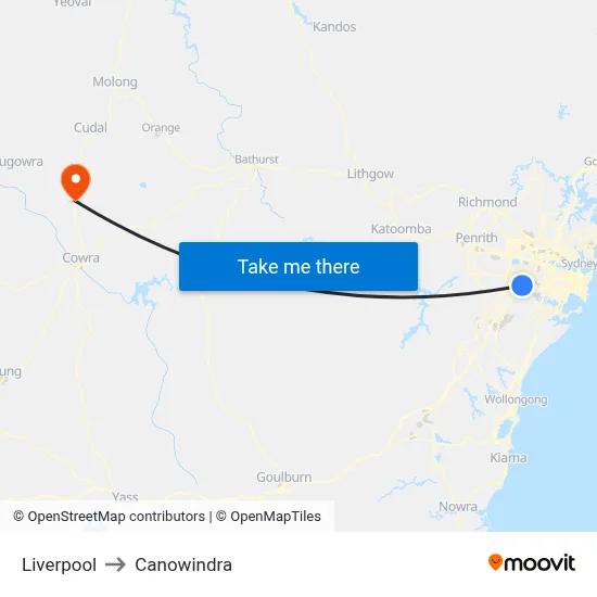Liverpool to Canowindra map