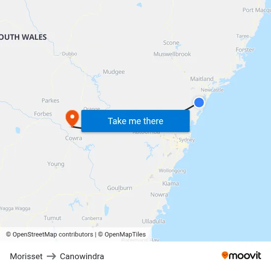 Morisset to Canowindra map