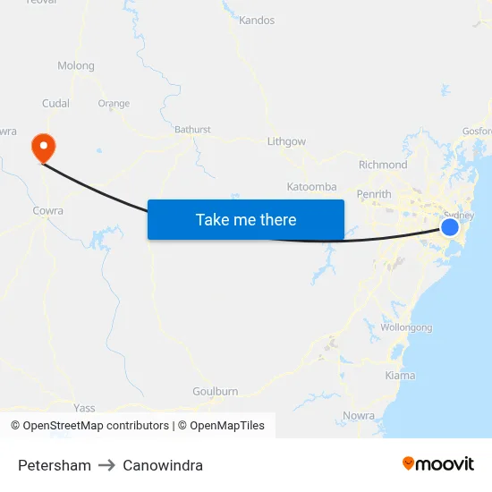 Petersham to Canowindra map