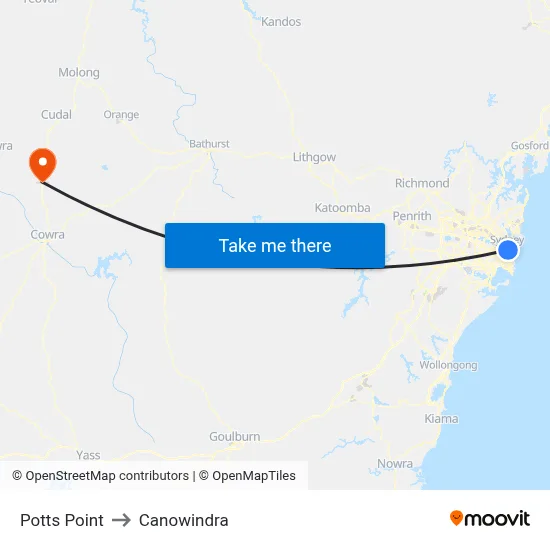 Potts Point to Canowindra map