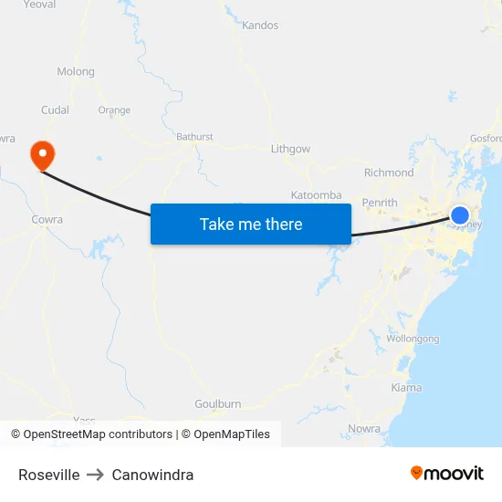 Roseville to Canowindra map
