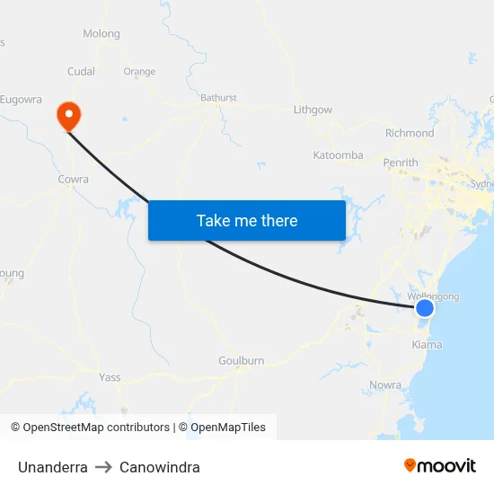 Unanderra to Canowindra map