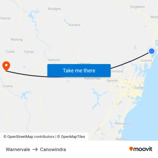 Warnervale to Canowindra map