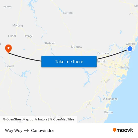 Woy Woy to Canowindra map