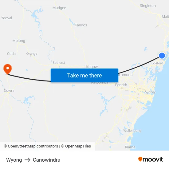 Wyong to Canowindra map