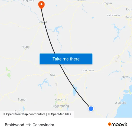 Braidwood to Canowindra map