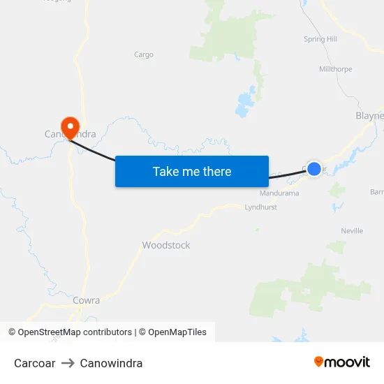 Carcoar to Canowindra map