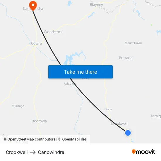 Crookwell to Canowindra map