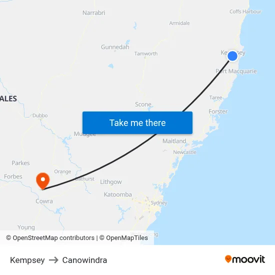 Kempsey to Canowindra map