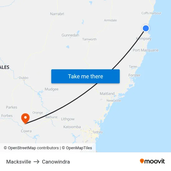 Macksville to Canowindra map