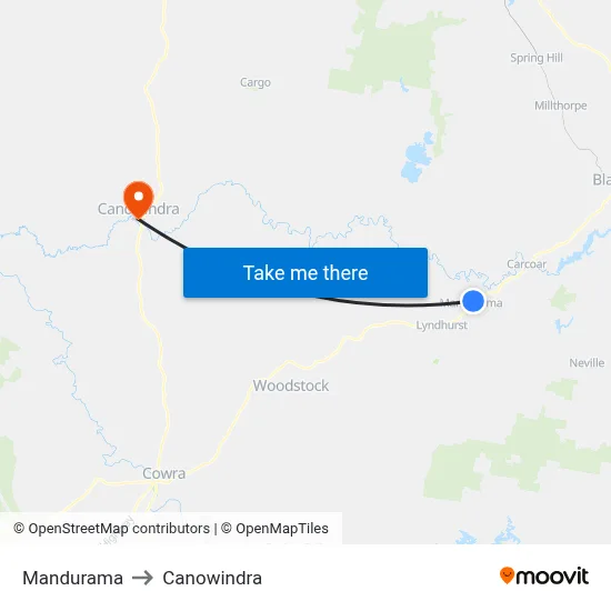 Mandurama to Canowindra map
