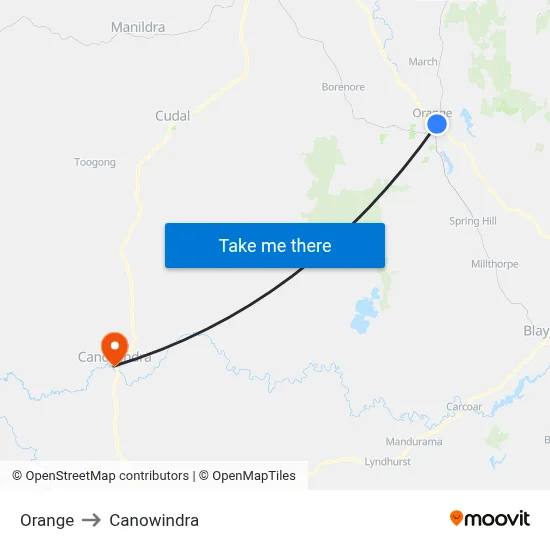 Orange to Canowindra map