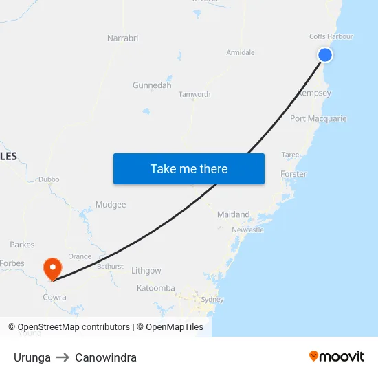 Urunga to Canowindra map