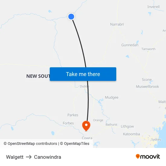 Walgett to Canowindra map