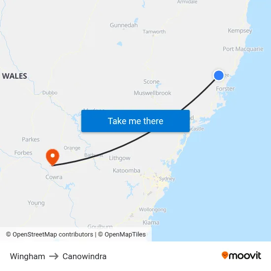 Wingham to Canowindra map