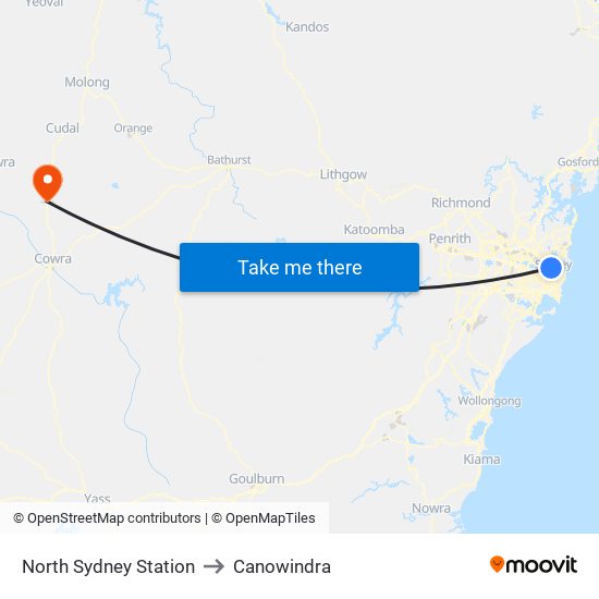 North Sydney Station to Canowindra map