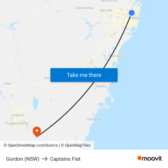 Gordon (NSW) to Captains Flat map