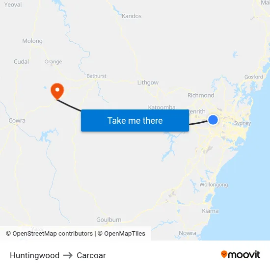 Huntingwood to Carcoar map