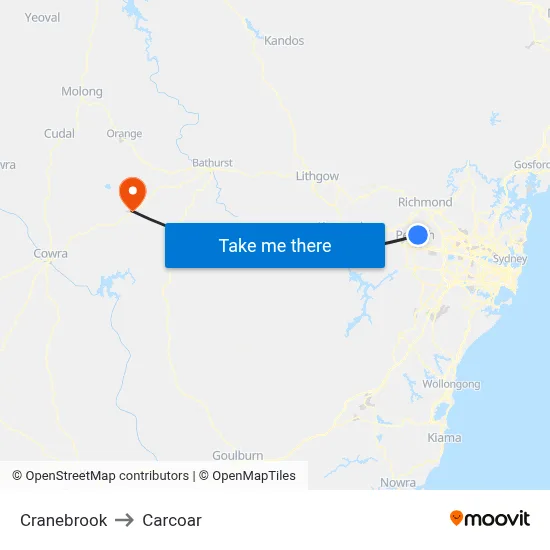 Cranebrook to Carcoar map