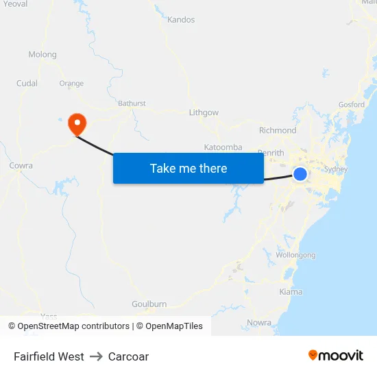 Fairfield West to Carcoar map