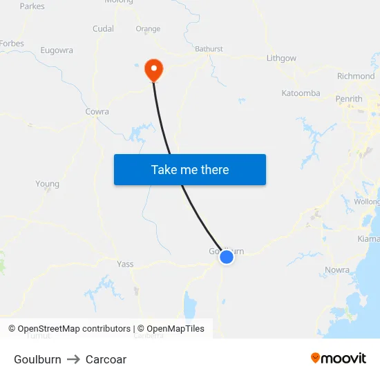 Goulburn to Carcoar map