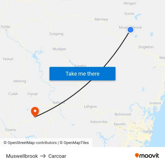 Muswellbrook to Carcoar map
