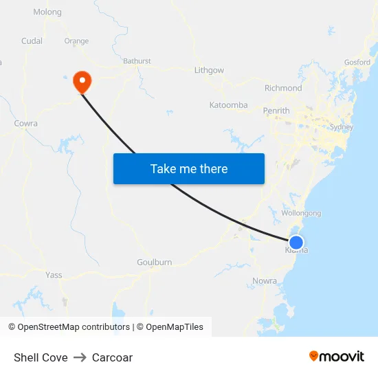 Shell Cove to Carcoar map