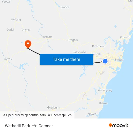 Wetherill Park to Carcoar map