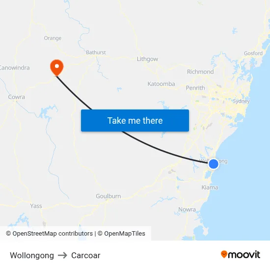 Wollongong to Carcoar map