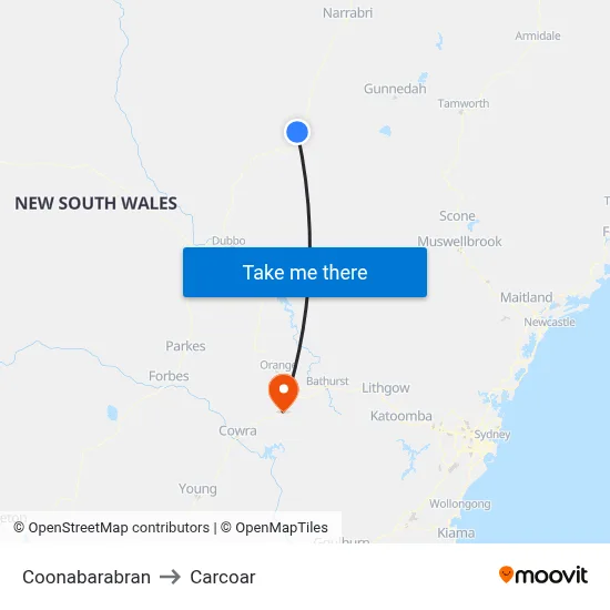 Coonabarabran to Carcoar map