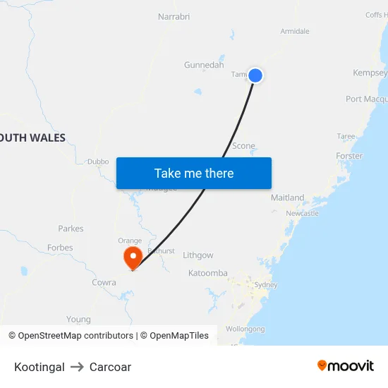 Kootingal to Carcoar map
