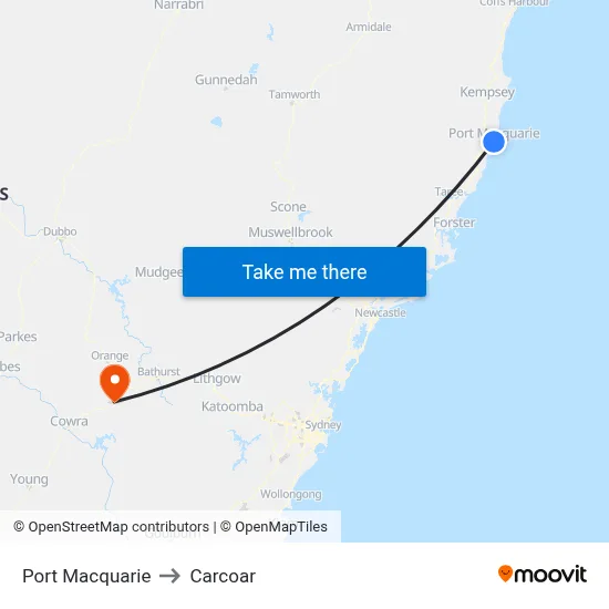Port Macquarie to Carcoar map