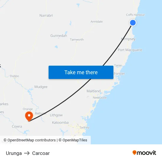 Urunga to Carcoar map